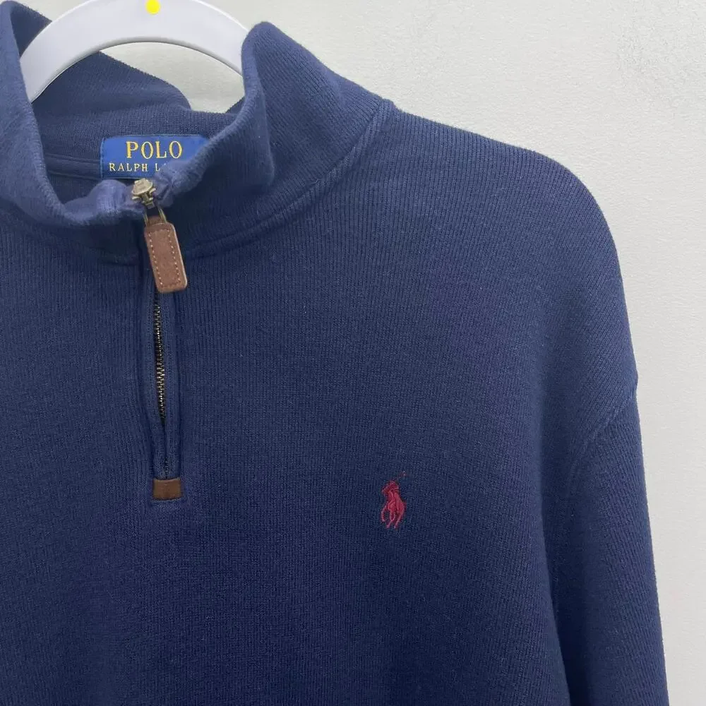 Polo Ralph Lauren 1/4 Zip Pullover Sweater XL Navy Blue Red Pony Preppy Nautical